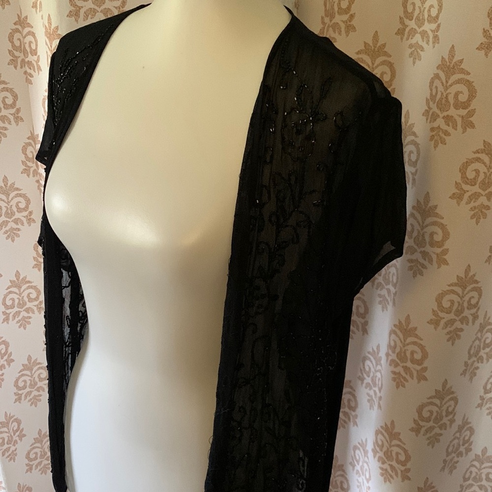 Chico’s sheer beaded short sleeve open front black cardigan jacket S